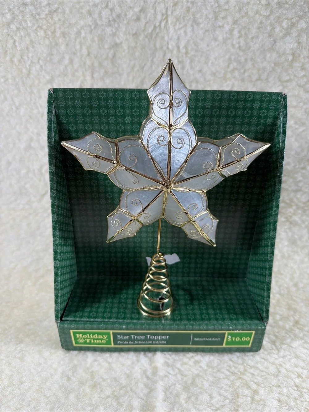 Vintage Holiday Time White and Gold Capiz Star Tree Topper